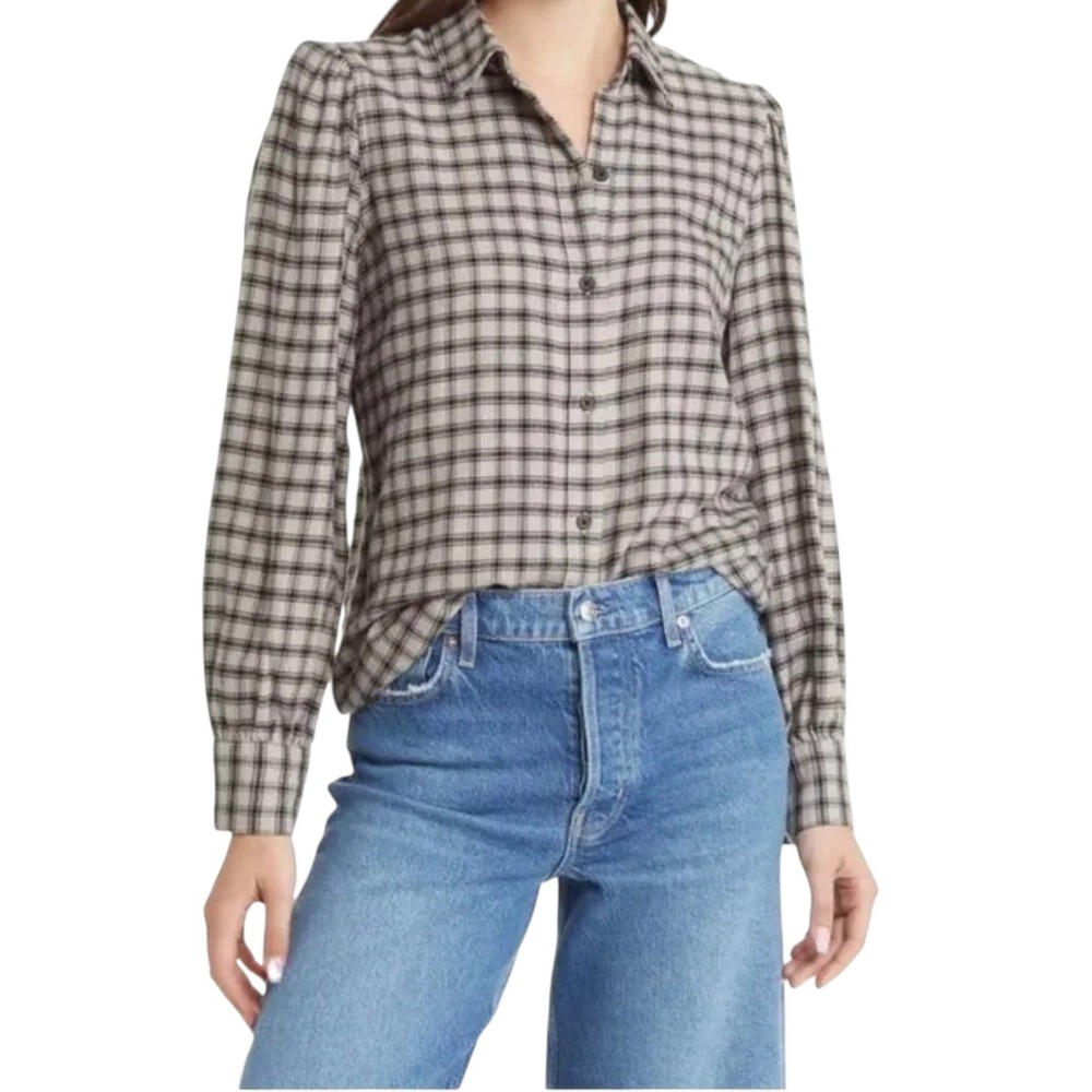 Rails Angelica Flannel Womens S Malt Onyx Plaid Button Front Long Sleeve Top